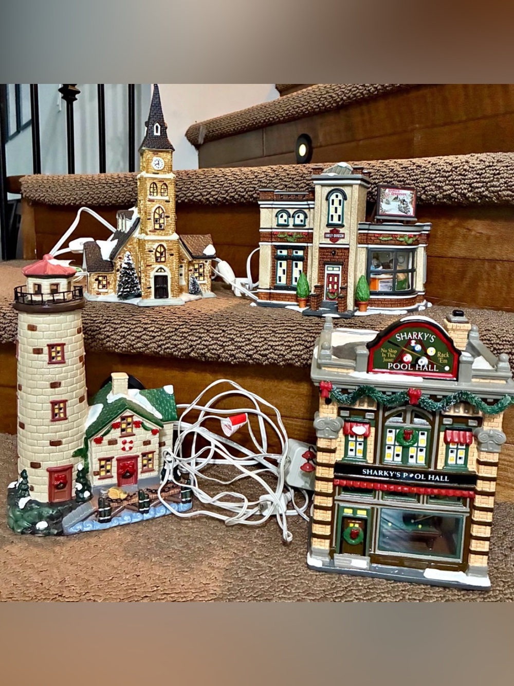 Holiday Village Decorative Ceramic Buildings Set - Brown, Green/Christmas lights